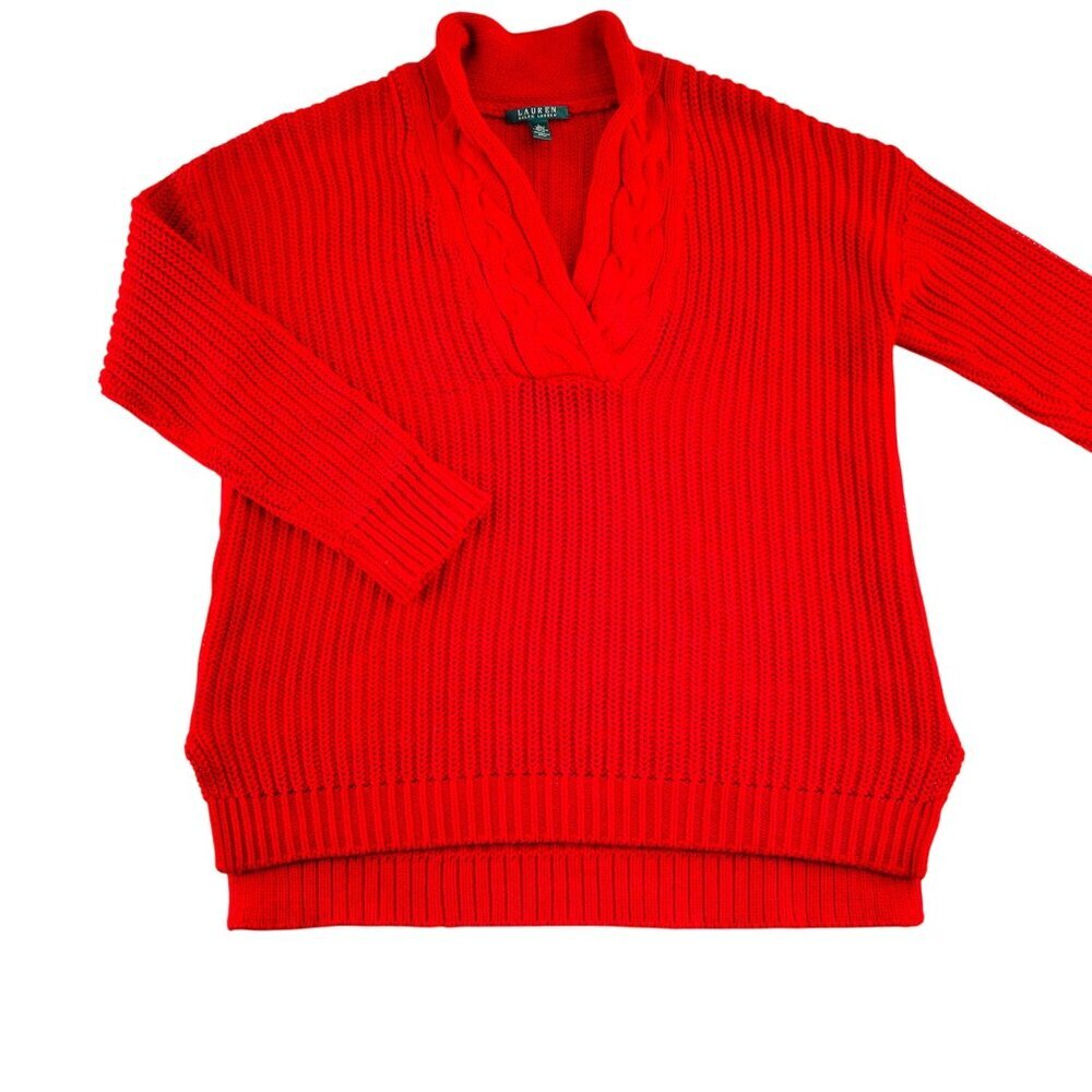 Lauren Ralph Lauren Red Cable Knit‎ Pullover Sweater Women's size Large
